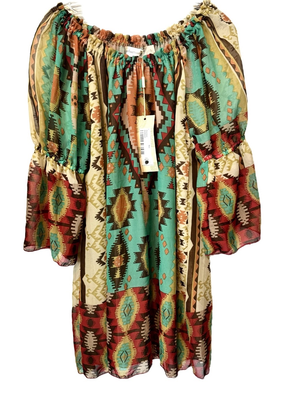 Urban Mango NWT Boho Aztec Print Off Shoulder Dress Size L Peasant Festival